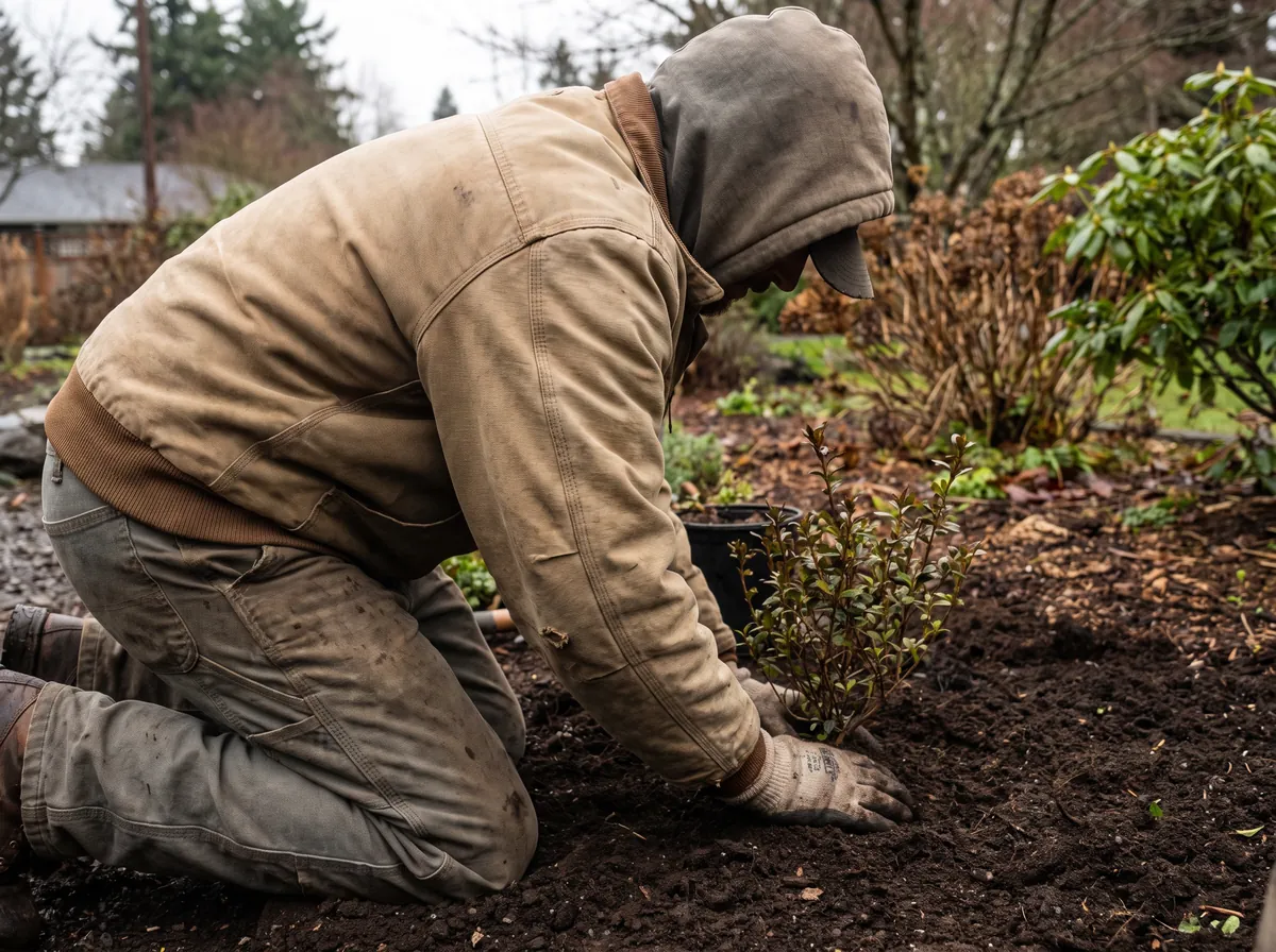 Darsee and Son crew member planting a shrub in a residential garden bed