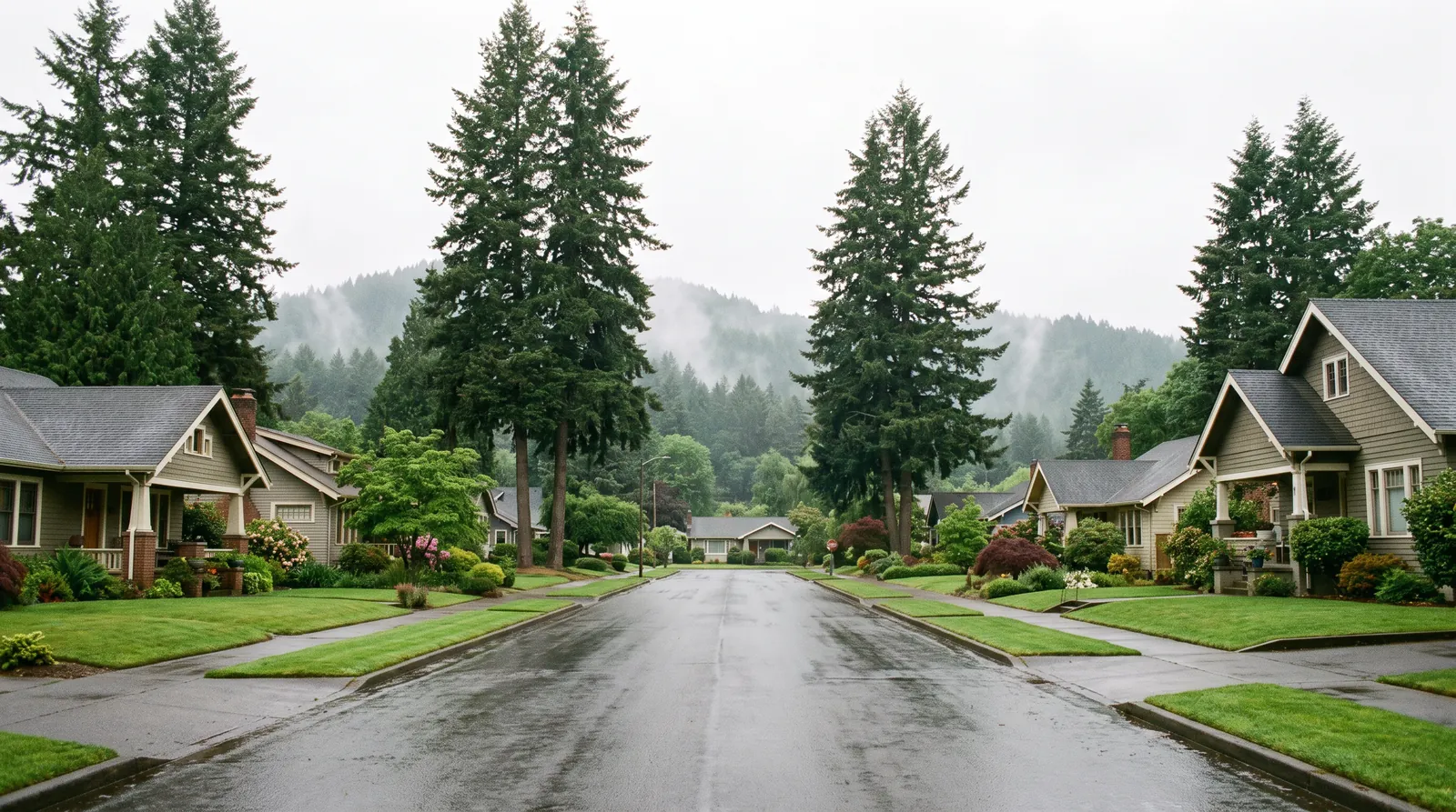 Residential street in Black Diamond, Washington with well-kept lawns and mature trees