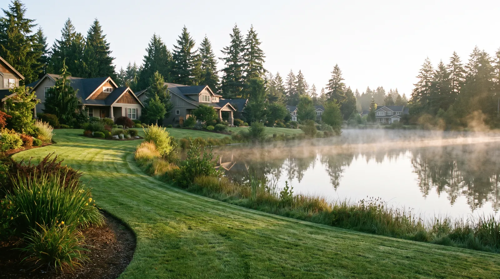 Suburban Bonney Lake, Washington neighborhood with landscaped front yards