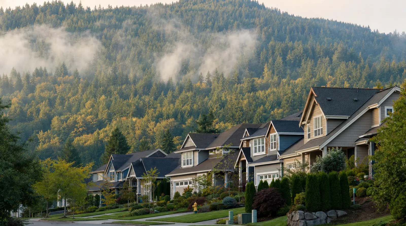 Suburban Issaquah, Washington neighborhood with homes set against forested foothills