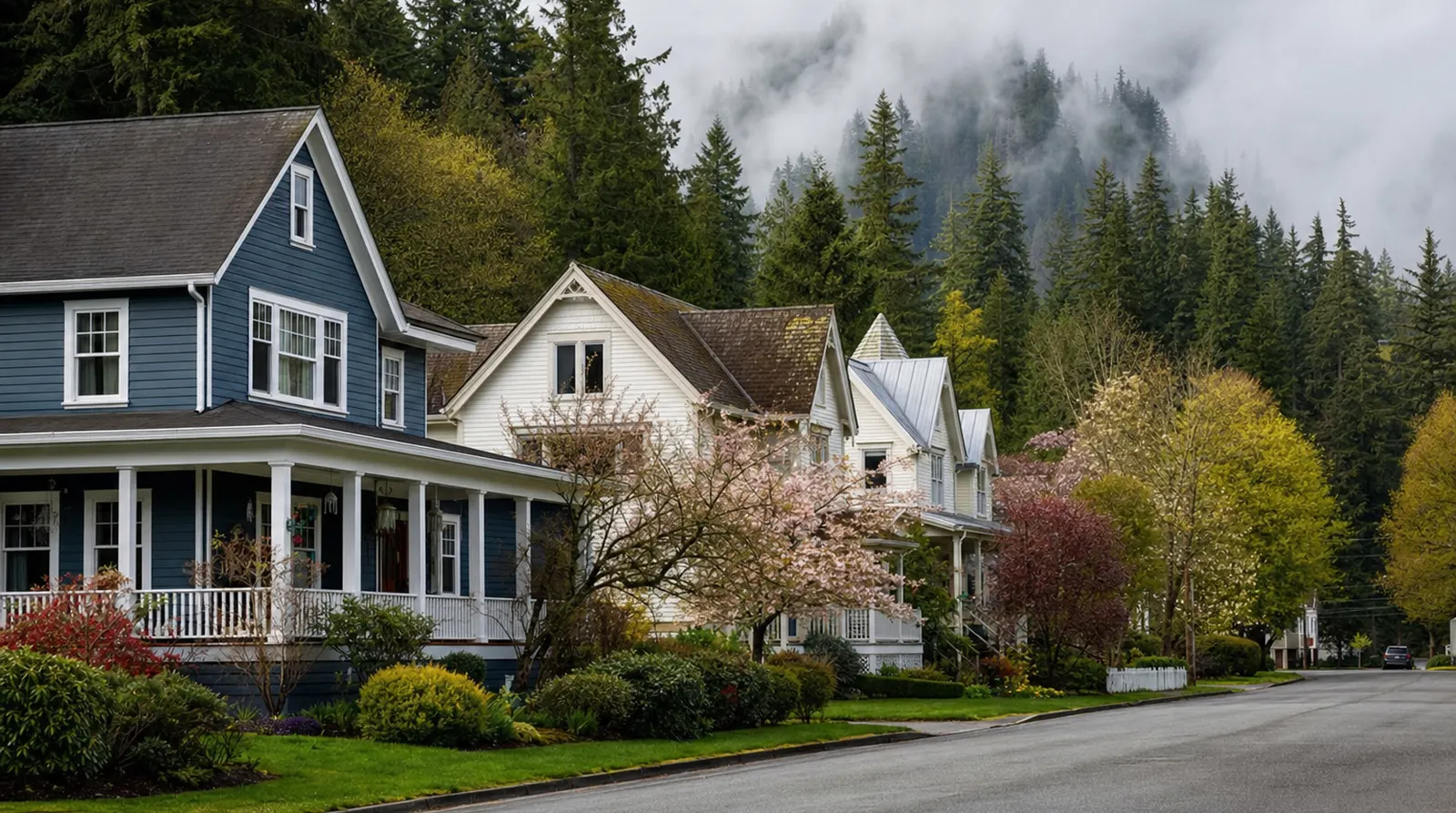 Charming residential street in Snoqualmie, Washington surrounded by tall evergreen forest