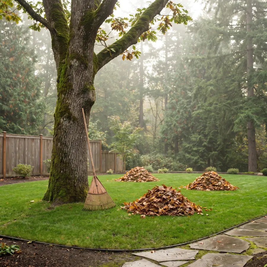 Yard cleanup with bagged leaves and cleared garden beds in autumn