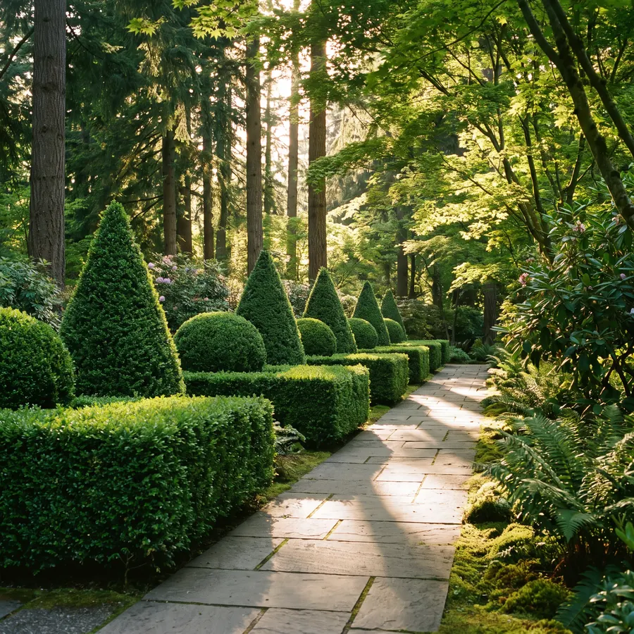 Neatly trimmed hedge row along a home's front garden bed
