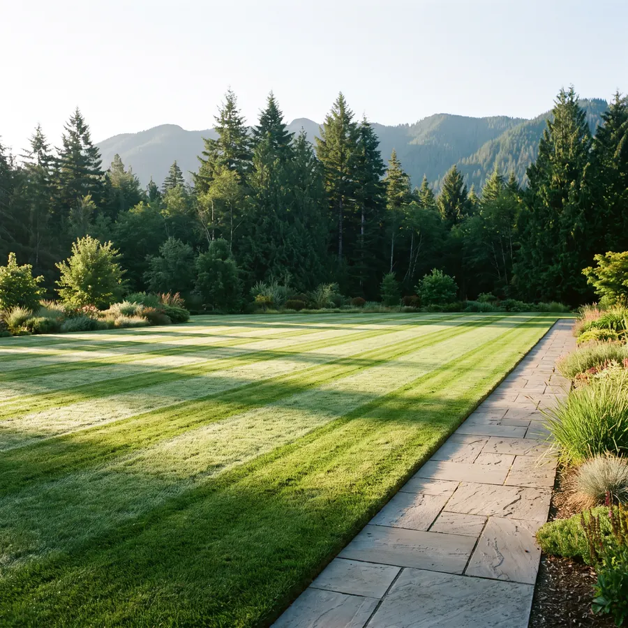 Freshly mowed residential lawn with crisp edging along a concrete walkway