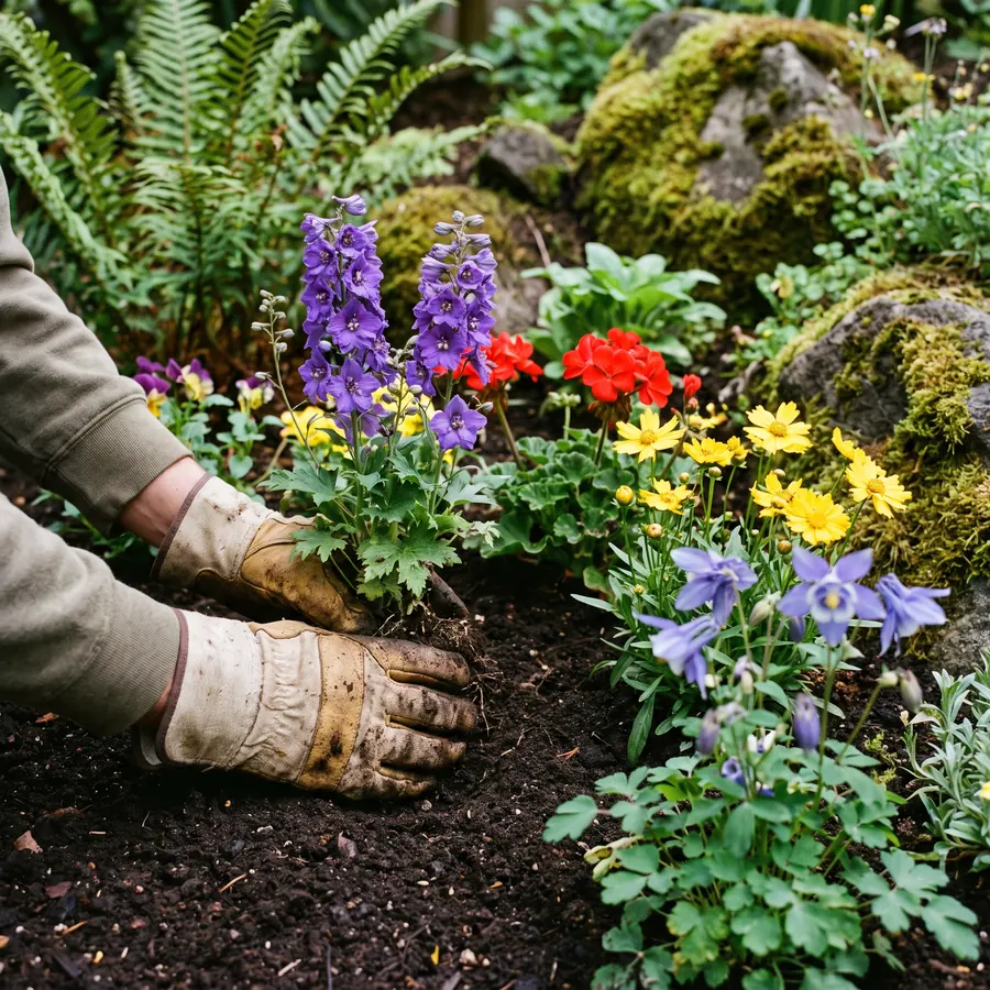 Freshly planted garden bed with mulch and flowering shrubs