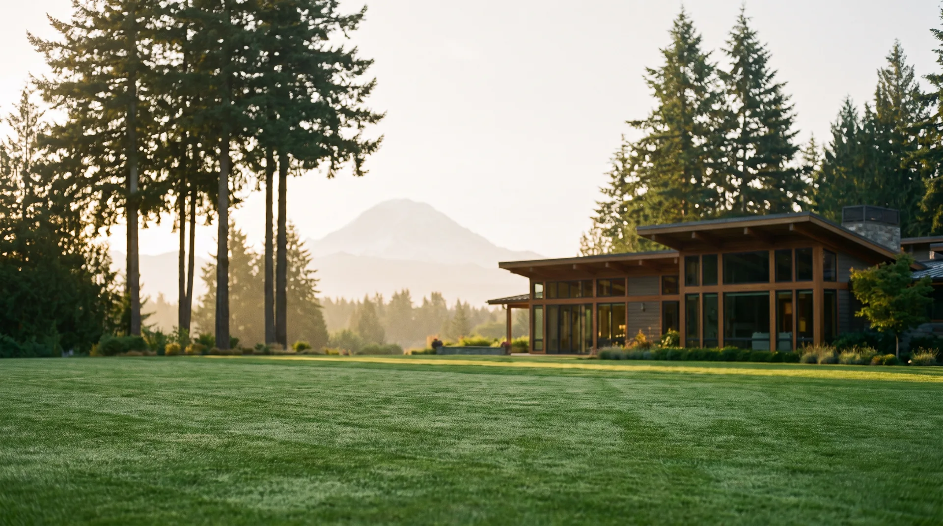 Freshly mowed lawn with crisp edging in front of a home in Black Diamond, Washington, with Mt. Rainier in the distance