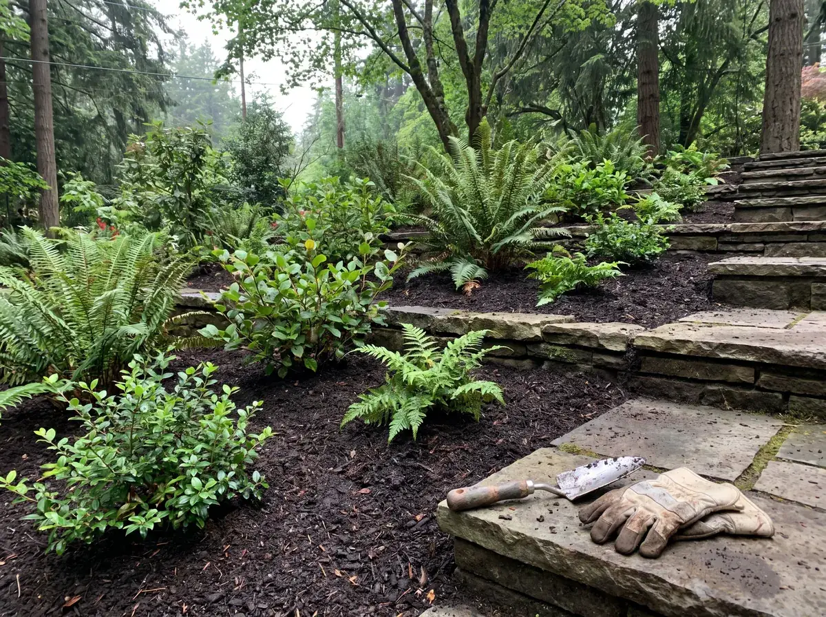 Newly installed landscape bed with pavers, ferns, and layered plantings