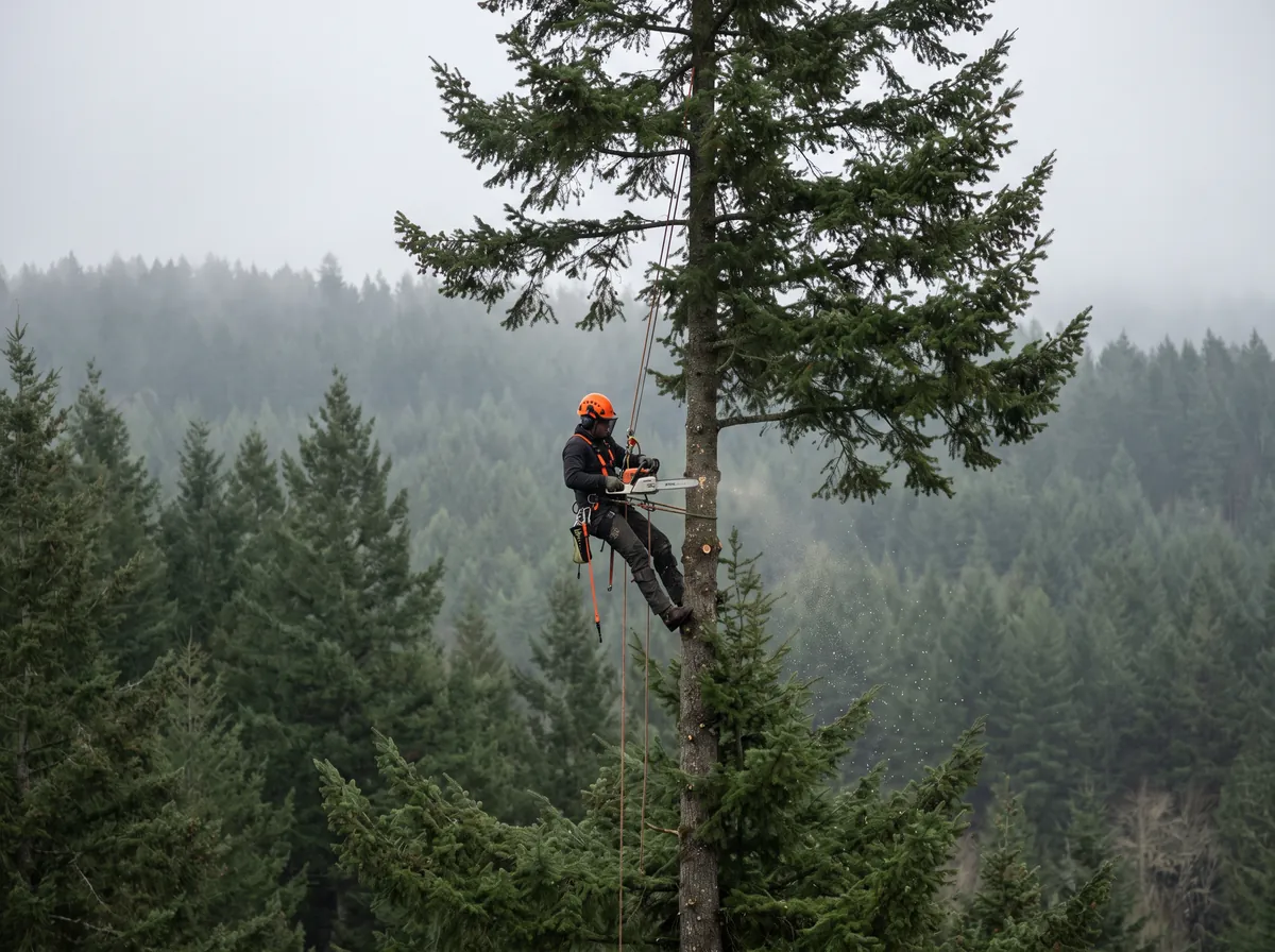 Arborist working in the canopy of a large tree during a tree care service